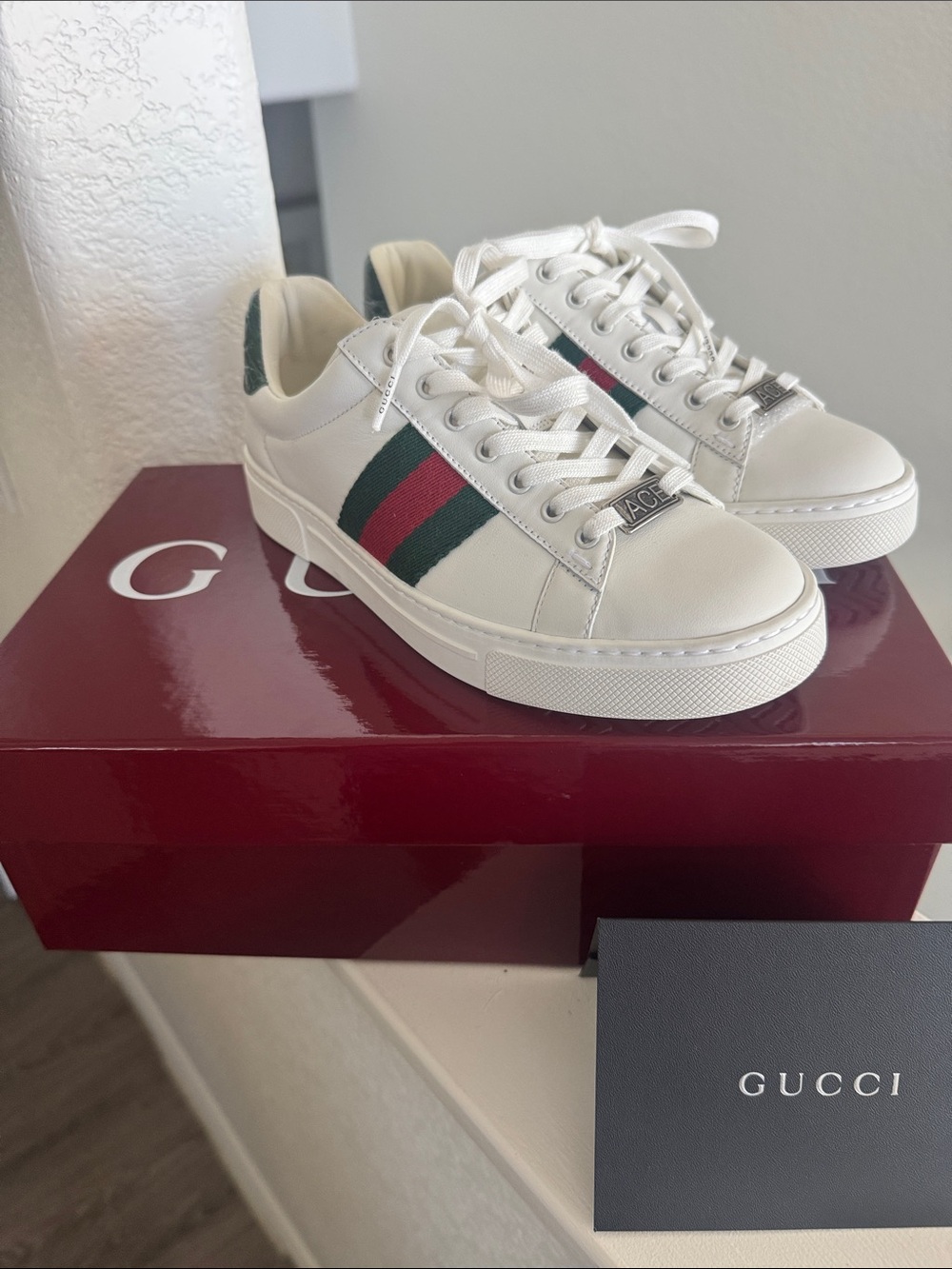 Gucci ACE White Leather Sneakers with Green and Red Web Stripe